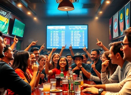 Kèo nhà cái updates displayed in a lively sports bar with enthusiastic fans.