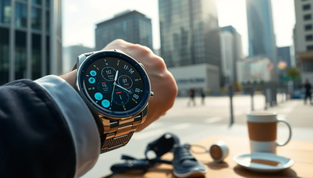 Finesse Smart Watch displayed on wrist, featuring a vibrant screen in an urban setting.