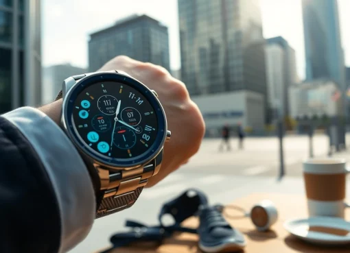 Finesse Smart Watch displayed on wrist, featuring a vibrant screen in an urban setting.