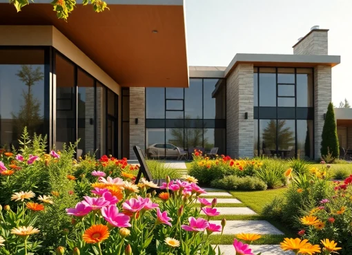 Explore custom residential architecture services with a stunning modern home, lush garden, and inviting atmosphere.