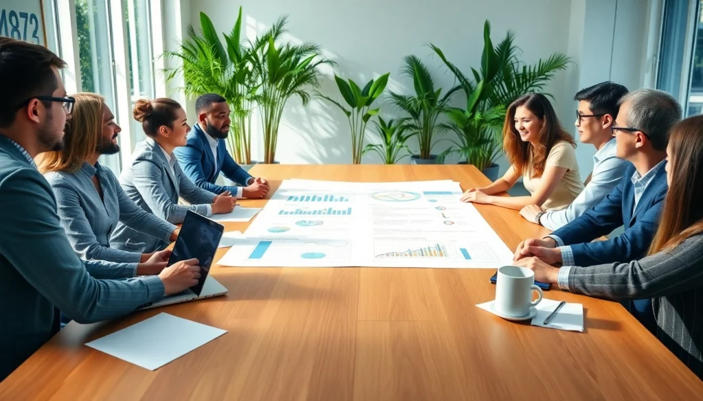 Contract Management team analyzing a contract in a modern office setting, highlighting teamwork and collaboration.