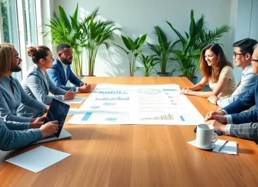 Contract Management team analyzing a contract in a modern office setting, highlighting teamwork and collaboration.