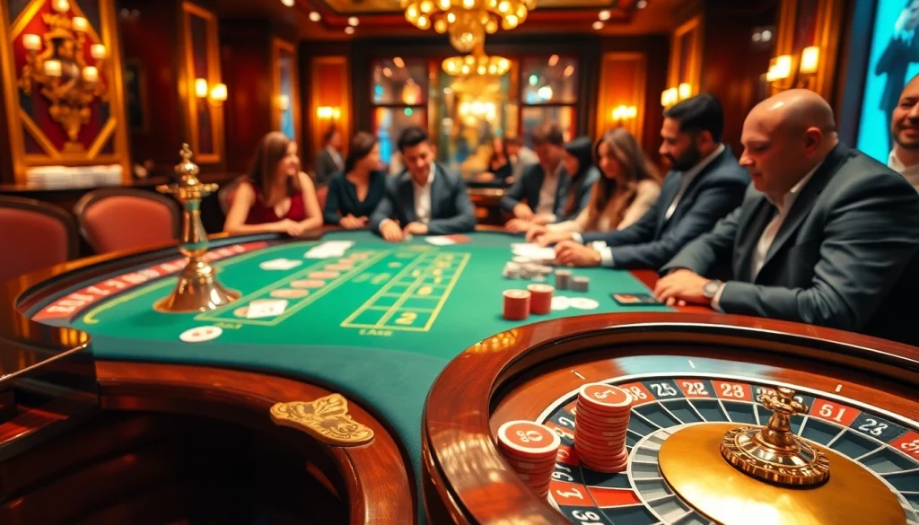 Scène captivante de casino en ligne France présentant un jeu de poker de luxe et de la roulette.