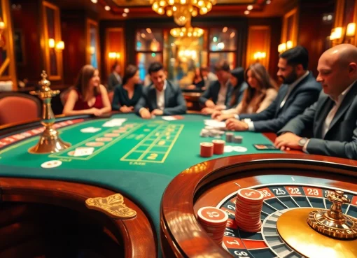 Scène captivante de casino en ligne France présentant un jeu de poker de luxe et de la roulette.