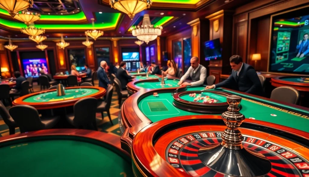 Ambiance excitante mettant en avant le casino en ligne argent réel France avec des tables vibrantes et des éléments de jeu stratégiques.