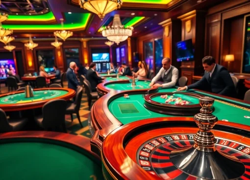 Ambiance excitante mettant en avant le casino en ligne argent réel France avec des tables vibrantes et des éléments de jeu stratégiques.