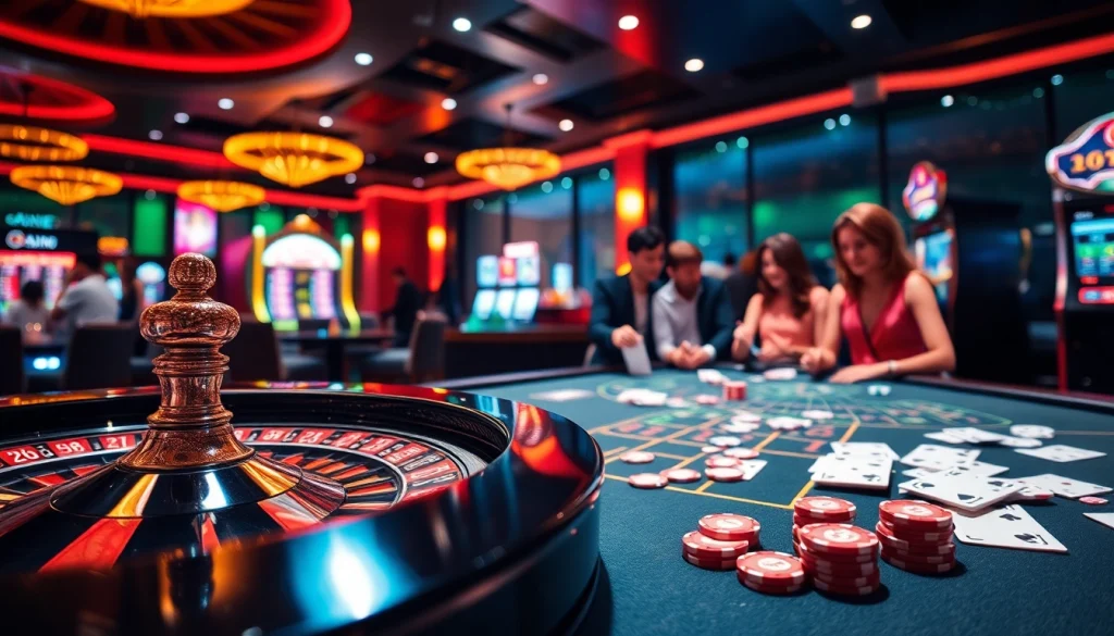 Vivez l'excitation du casino en ligne Français avec des visuels de jeu dynamiques de roulette, de cartes et de machines à sous.