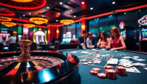 Vivez l'excitation du casino en ligne Français avec des visuels de jeu dynamiques de roulette, de cartes et de machines à sous.