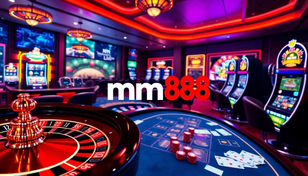 Experience thrilling gameplay with mm88 in a vibrant casino setting featuring poker chips and a roulette wheel.