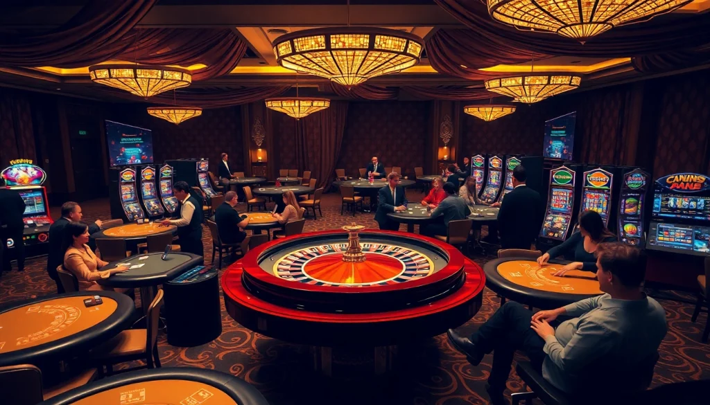 Une scène de casino vibrant avec des joueurs s'engageant aux tables et aux machines à sous, montrant l'excitation du casino en ligne français.