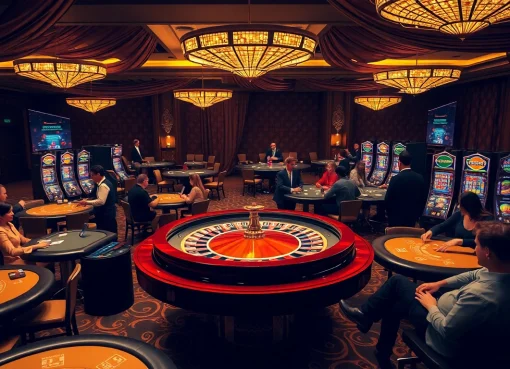Une scène de casino vibrant avec des joueurs s'engageant aux tables et aux machines à sous, montrant l'excitation du casino en ligne français.