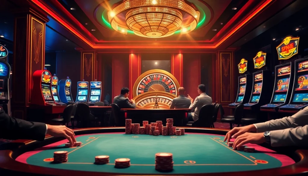 Jeu excitant au casino en ligne argent réel France avec des joueurs à une table de poker et des machines à sous.