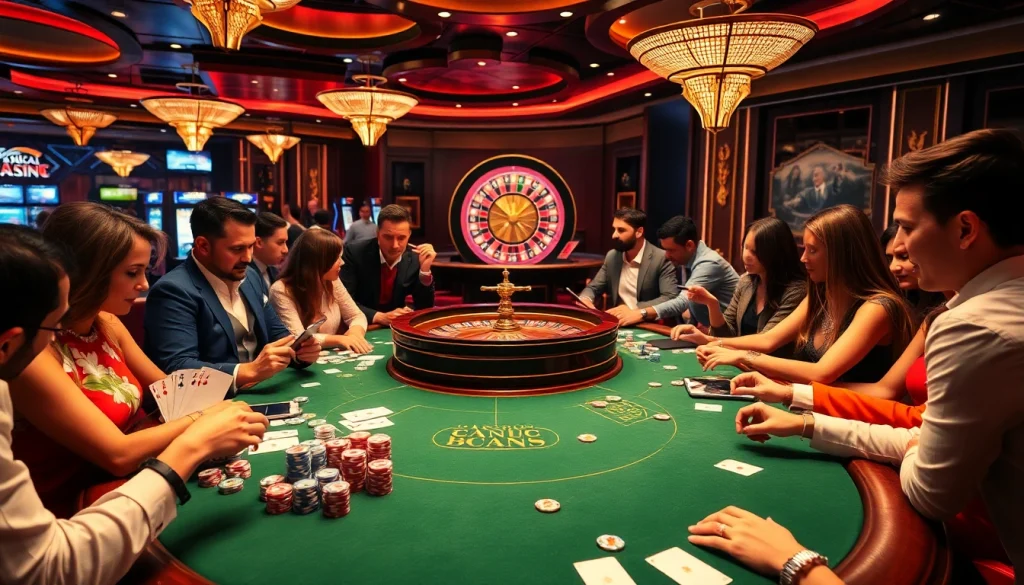 Joueurs engagés à une table de casino en ligne Français luxueuse, entourés d'éléments de jeu vibrants.