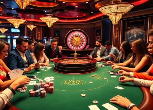 Joueurs engagés à une table de casino en ligne Français luxueuse, entourés d'éléments de jeu vibrants.