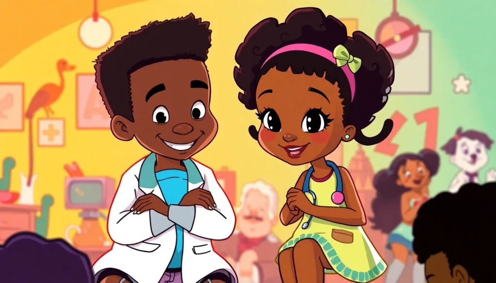 A vibrant representation of African American cartoons featuring iconic characters like Huey and Riley from The Boondocks amidst a colorful backdrop of animated scenes.
