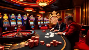 Participez à l'atmosphère palpitante du casino en ligne France avec des jetons de poker vibrants et une roue de roulette excitante.
