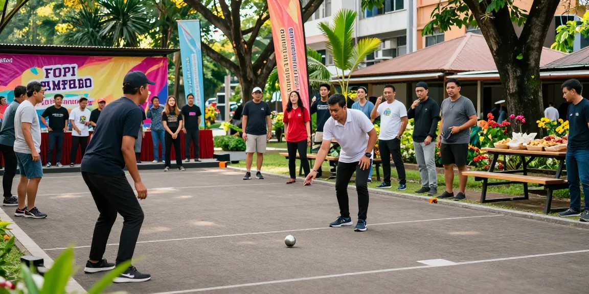Aktivitas petanque di fopikotamanado.org di lapangan kota yang ramai, menampilkan para pemain yang bersemangat.