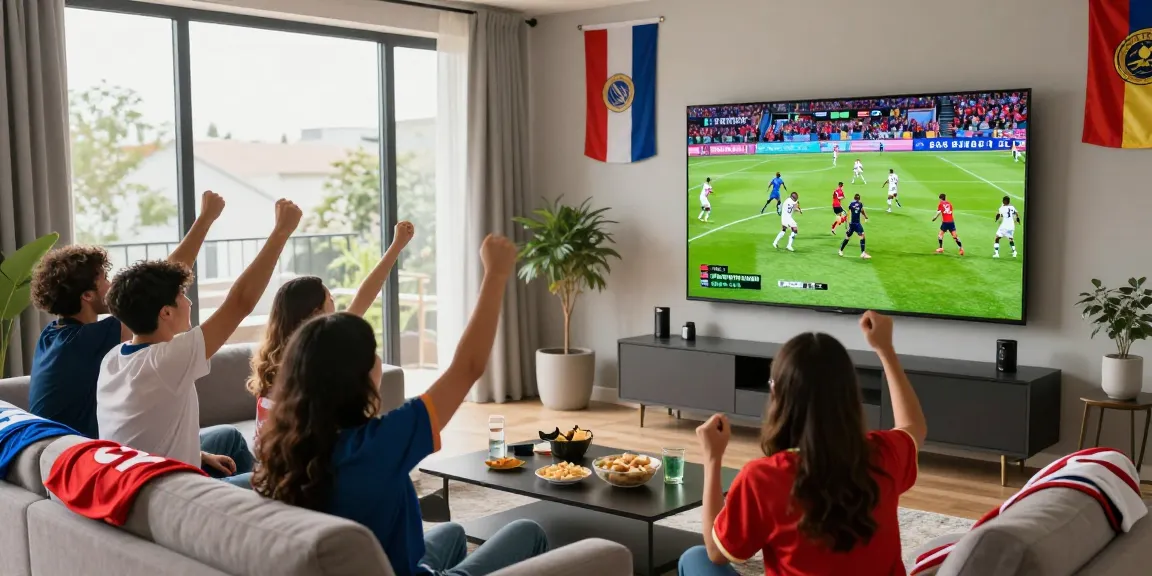 Friends celebrating while watching a koora live football match on TV with snacks and drinks in a vibrant living room.