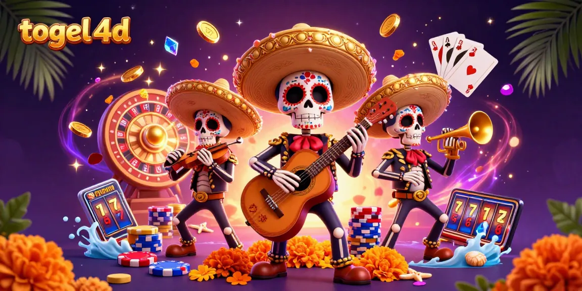Experience thrilling togel 4d excitement with a vibrant mariachi band amidst cascading coins and gems.