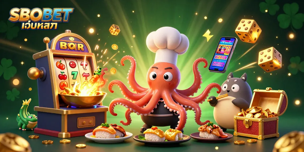 SBOBET เว็บหลัก showcases thrilling casino action with a vibrant 3D octopus sushi chef and a lucky dragon in a jackpot explosion.