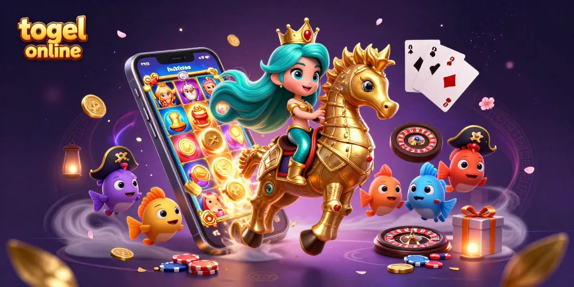 Menang togel online dengan putri duyung dan kuda laut, dikelilingi simbol slot dan permainan.