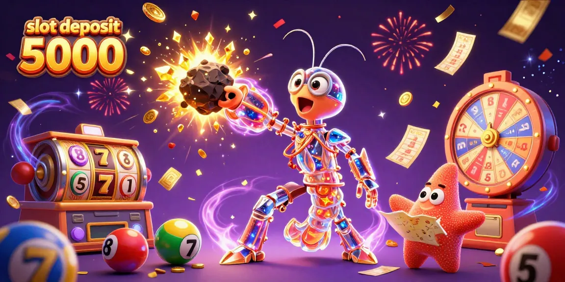 Experience the excitement of slot deposit 5000 with a vibrant 3D illustration showcasing galactic characters amidst casino elements.